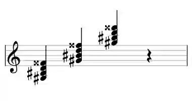 Sheet music of G# M7b5 in three octaves